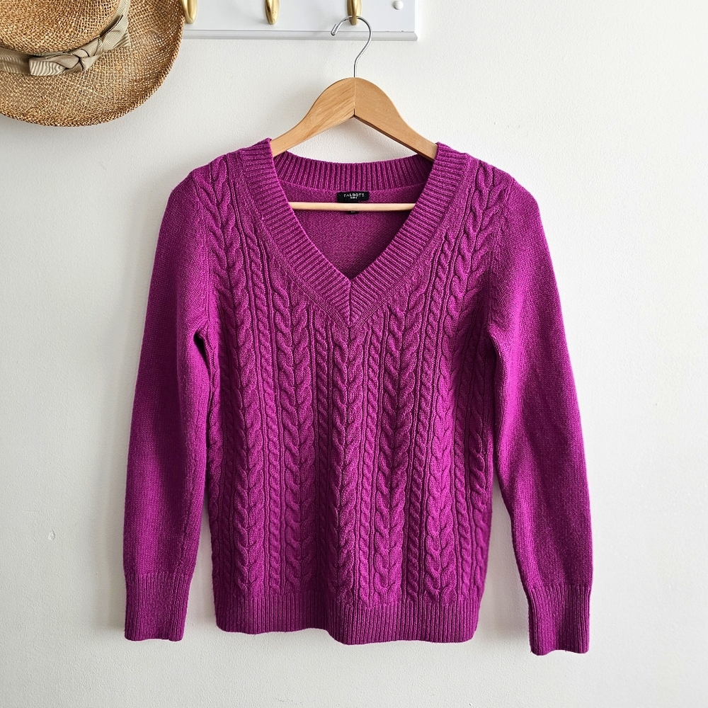 Talbots Lambswool Blend V-Neck Women's Purple Cable Knit Sweater Size Small